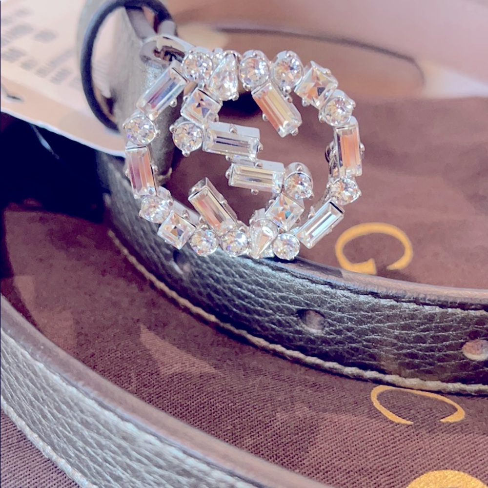 Auth Skinny Pewter Crystal GG Gucci Belt dustbag